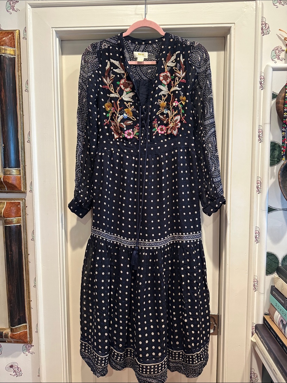 Maeve Navy Polka Dot Embroidered Midi Dress